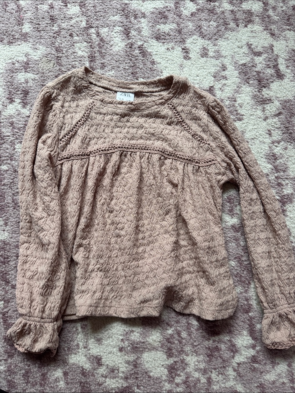 Zara Mauve-Beige Textured Crochet-Trim Long Sleeve Top